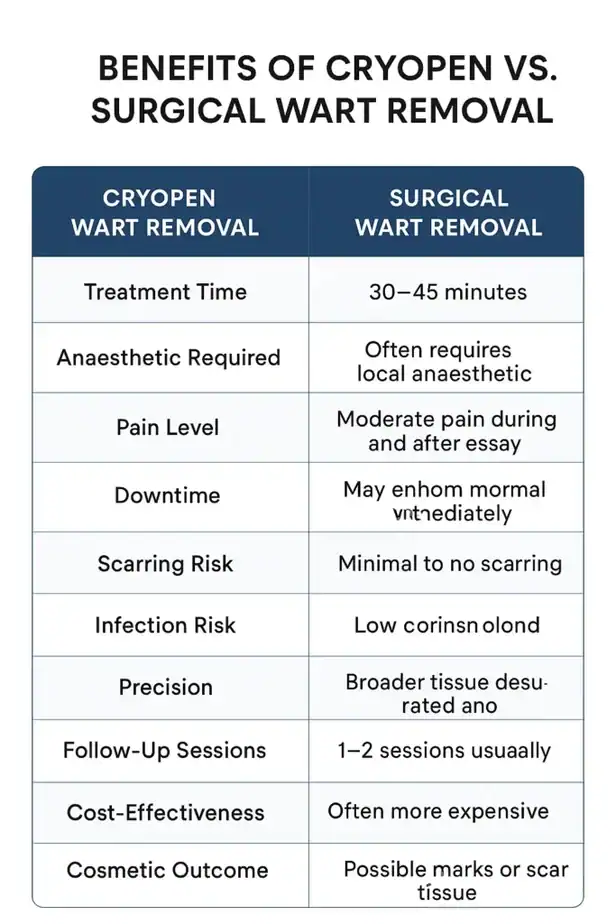 Table showing the benefits of cryopen to remove warts Irvine compared to surgical treatment